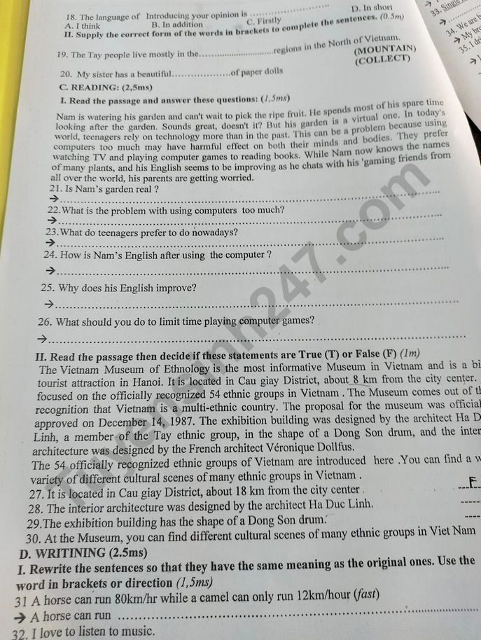 De giua ki 1 lop 8 mon Anh 2022 - THCS Binh Chau