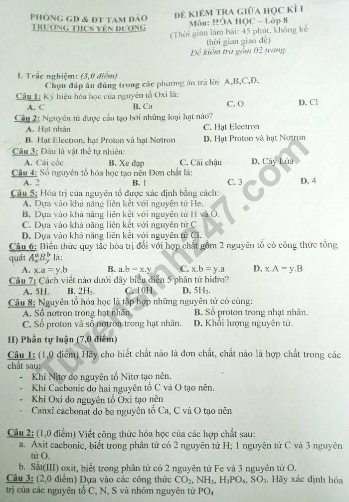 De thi giua ki 1 lop 8 mon Hoa 2022 - THCS Yen Duong