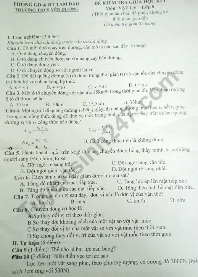 De thi giua ki 1 mon Ly 2022 lop 8 - THCS Yen Duong