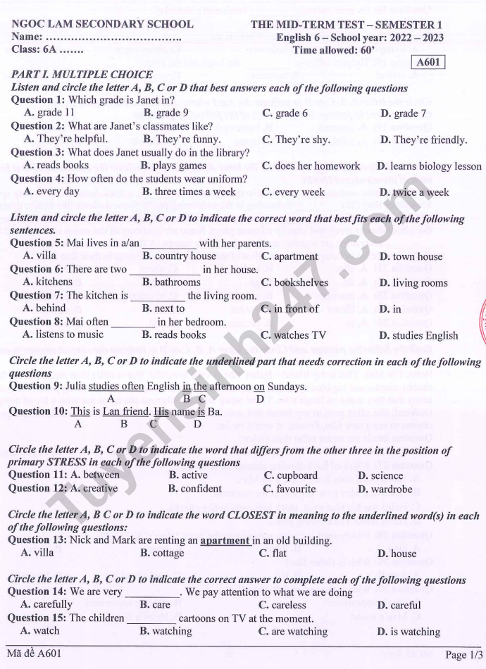 De thi giua ki 1 mon Anh 2022 lop 6 - THCS Ngoc Lam