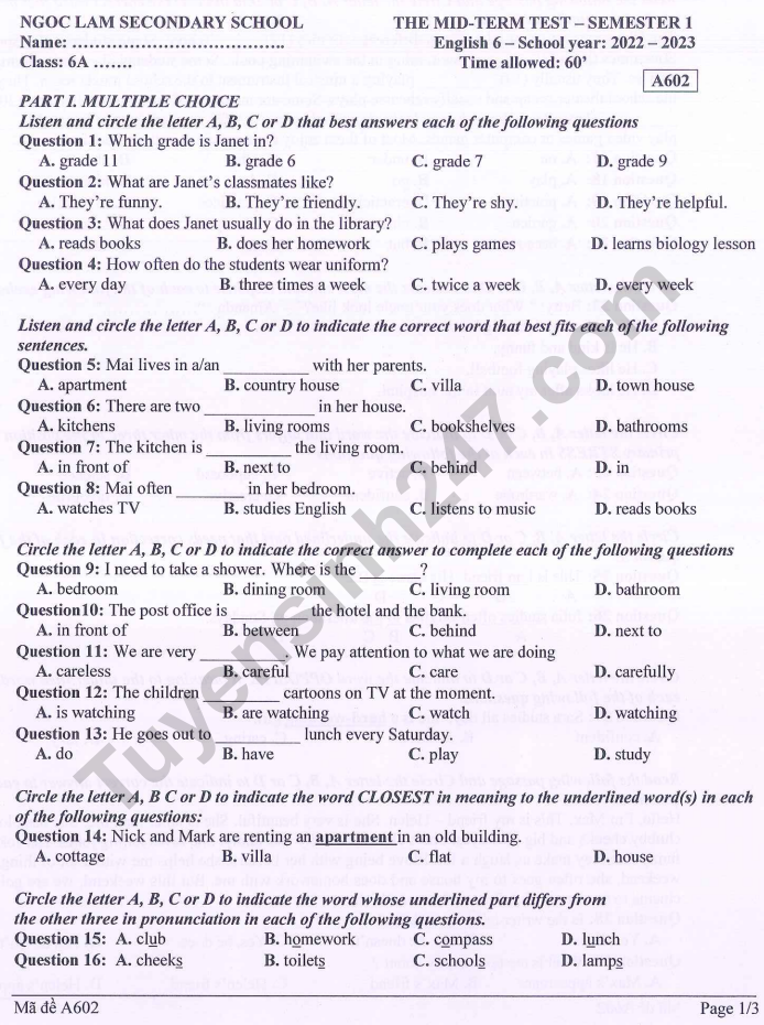 De thi giua ki 1 mon Anh 2022 lop 6 - THCS Ngoc Lam