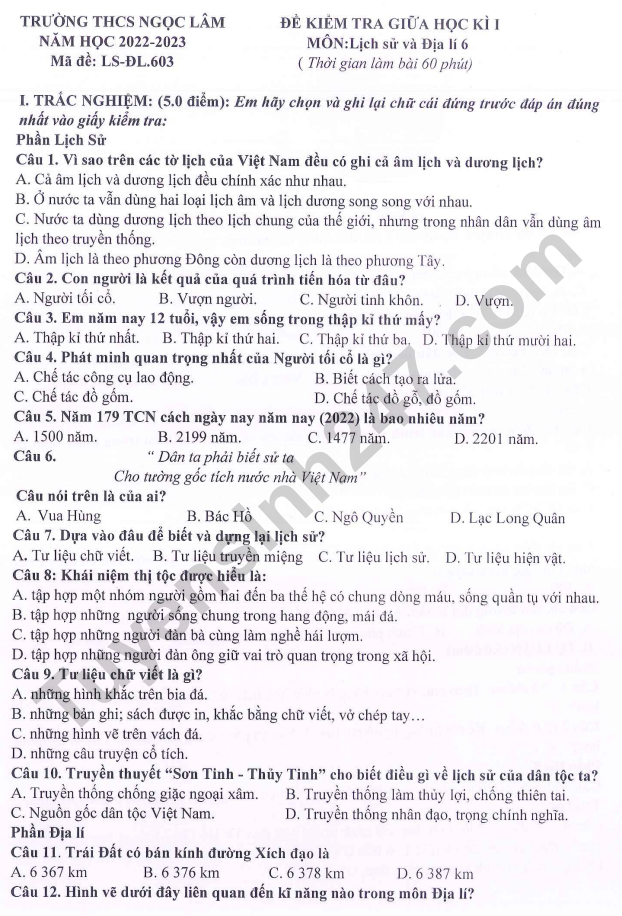 De thi giua ki 1 lop 6 mon Su Dia nam 2022 - THCS Ngoc Lam