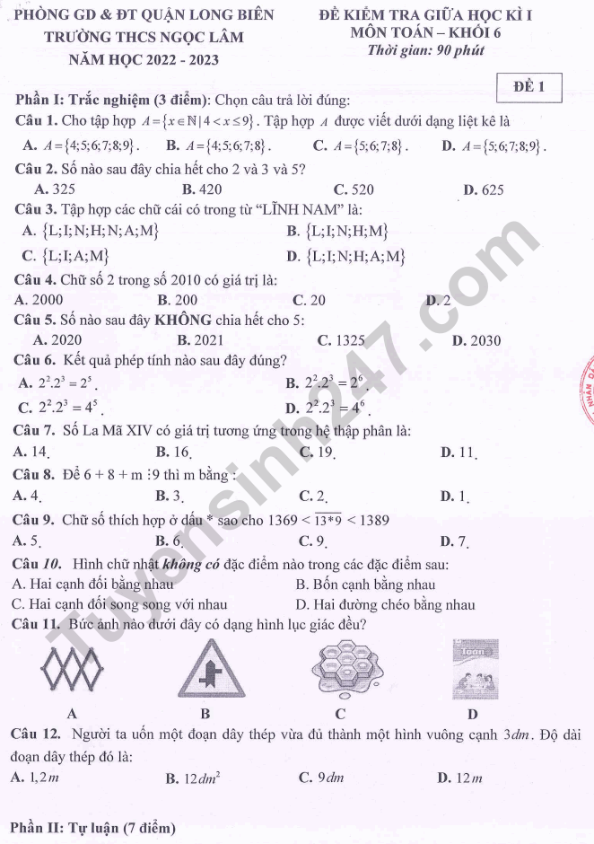 De thi giua ki 1 lop 6 nam 2022 mon Toan - THCS Ngoc Lam