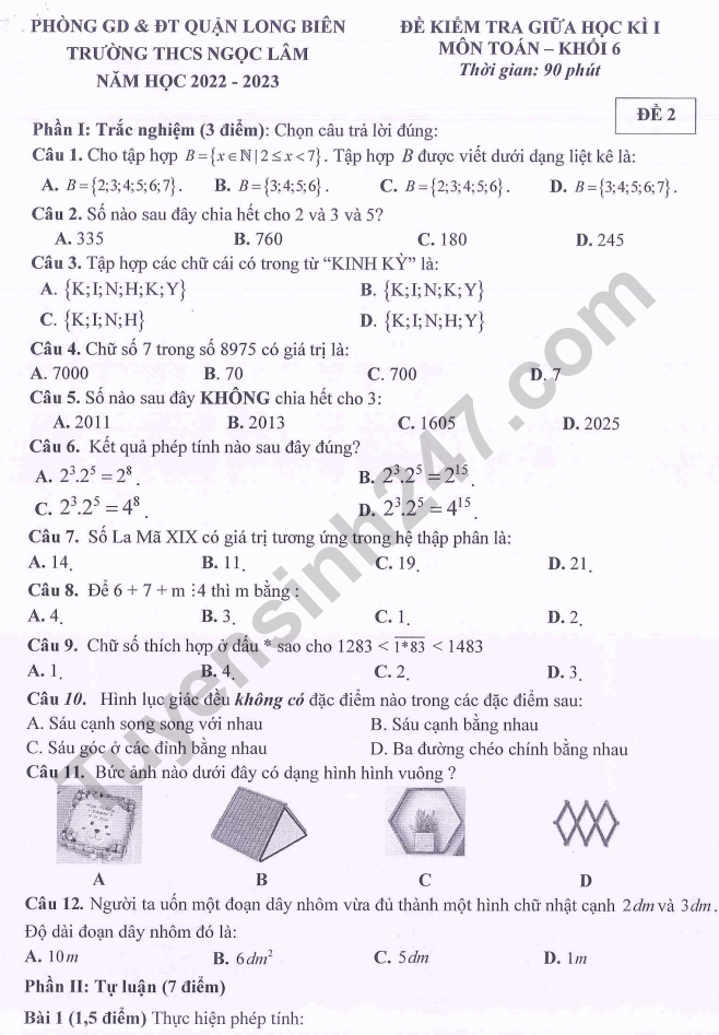 De thi giua ki 1 lop 6 nam 2022 mon Toan - THCS Ngoc Lam