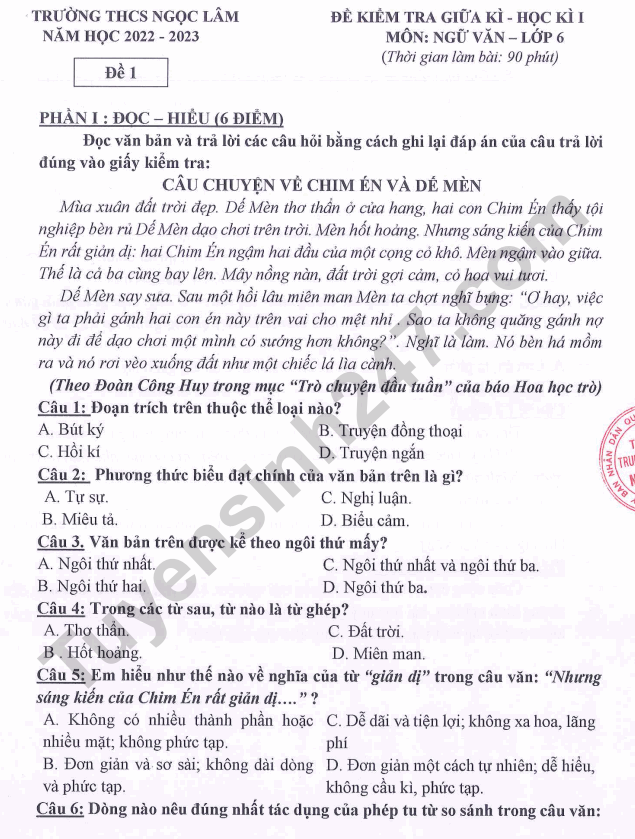 De kiem tra giua ki 1 lop 6 mon Van - THCS Ngoc Lam 2022