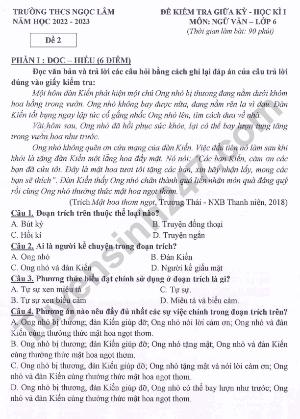 De kiem tra giua ki 1 lop 6 mon Van - THCS Ngoc Lam 2022