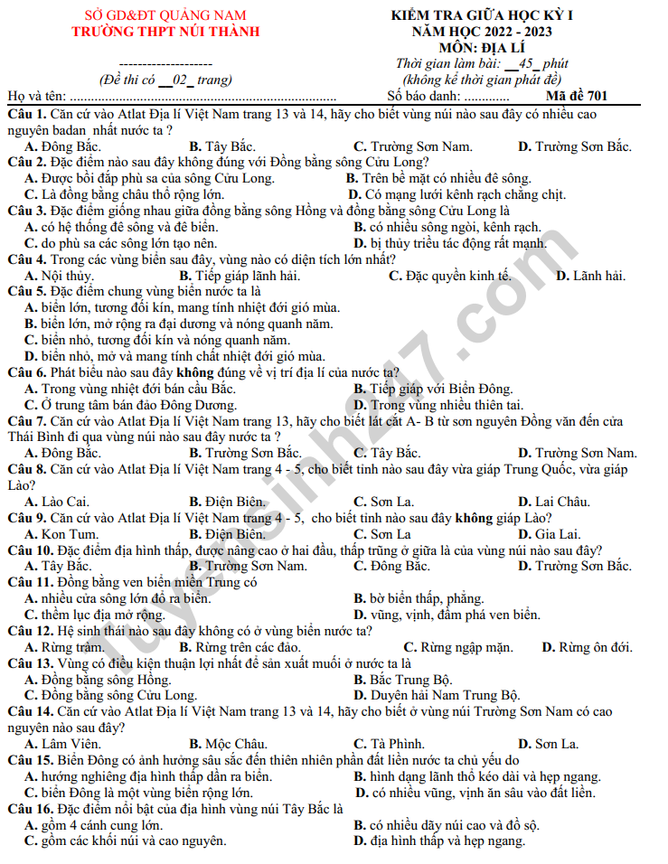 De thi giua ki 1 mon Dia lop 12 nam 2022 - THPT Nui Thanh