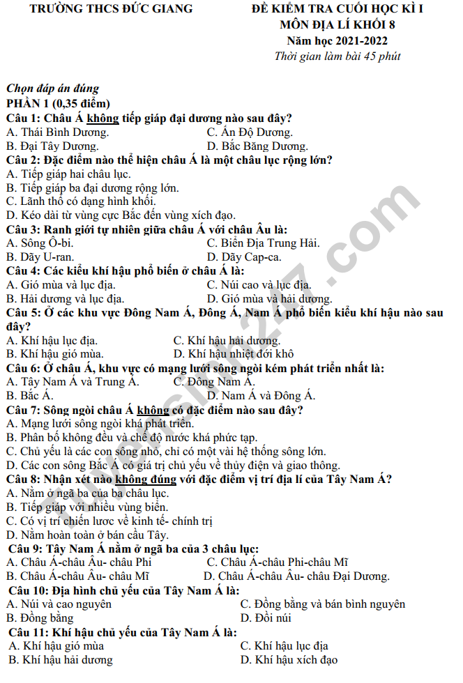 De thi ki 1 mon Dia lop 8 - THCS Duc Giang 2022