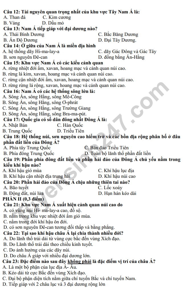De thi ki 1 mon Dia lop 8 - THCS Duc Giang 2022