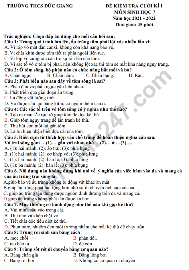 De thi ki 1 mon Sinh lop 7 - THCS Duc Giang 2022