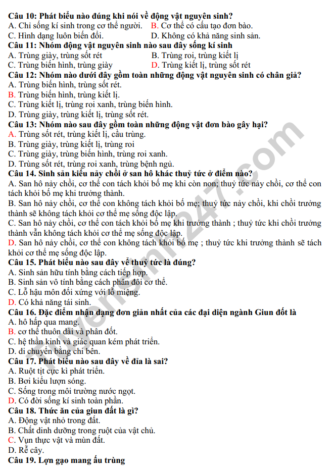 De thi ki 1 mon Sinh lop 7 - THCS Duc Giang 2022
