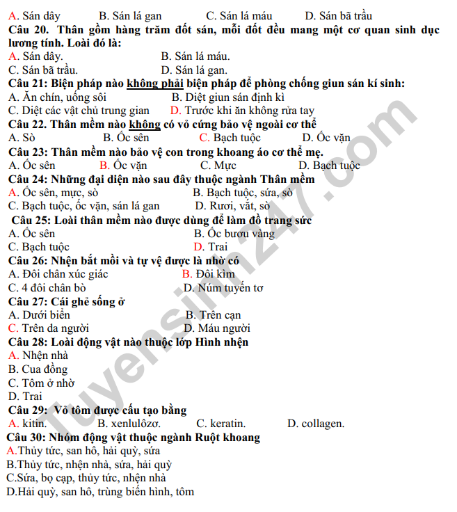 De thi ki 1 mon Sinh lop 7 - THCS Duc Giang 2022