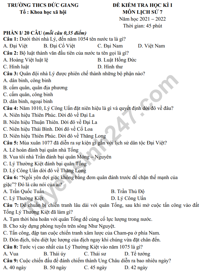 De thi ki 1 lop 7 mon Su 2022 - THCS Duc Giang