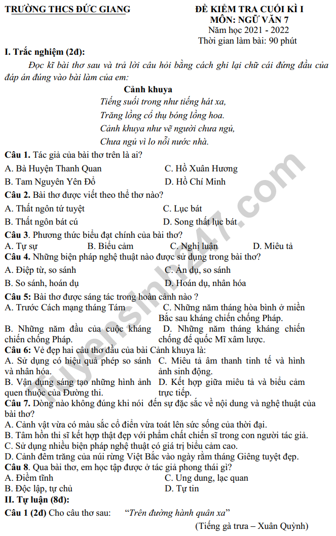 De thi ki 1 mon Van lop 7 - THCS Duc Giang 2022