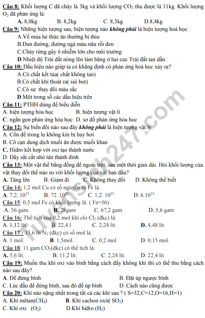 De thi ki 1 lop 8 mon Hoa 2022 - THCS Duc Giang