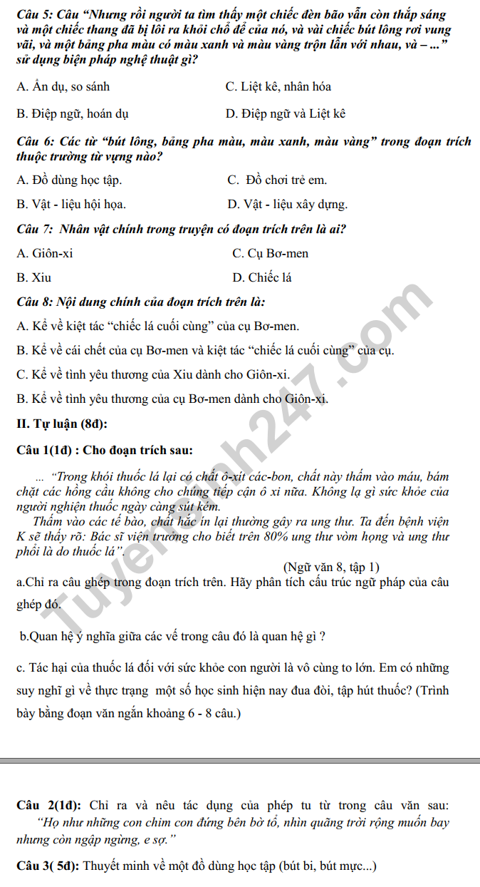De thi ki 1 lop 8 mon Van 2022 - THCS Duc Giang
