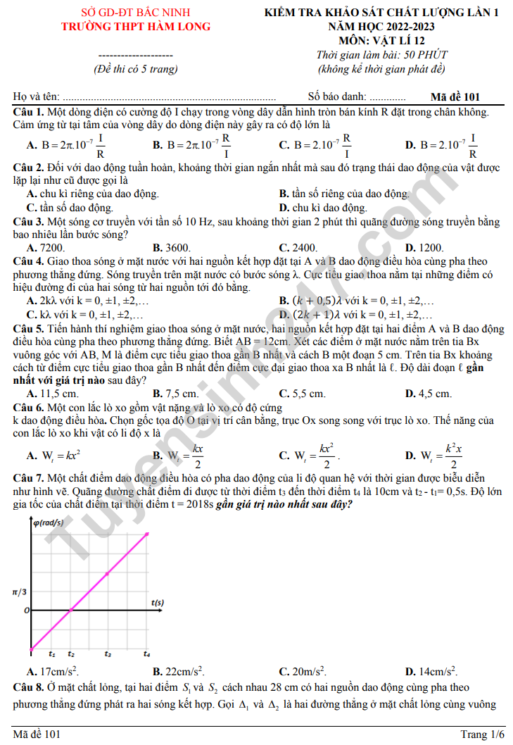 De thi thu tot nghiep THPT 2023 mon Ly (Co dap an) - THPT Ham Long lan 1