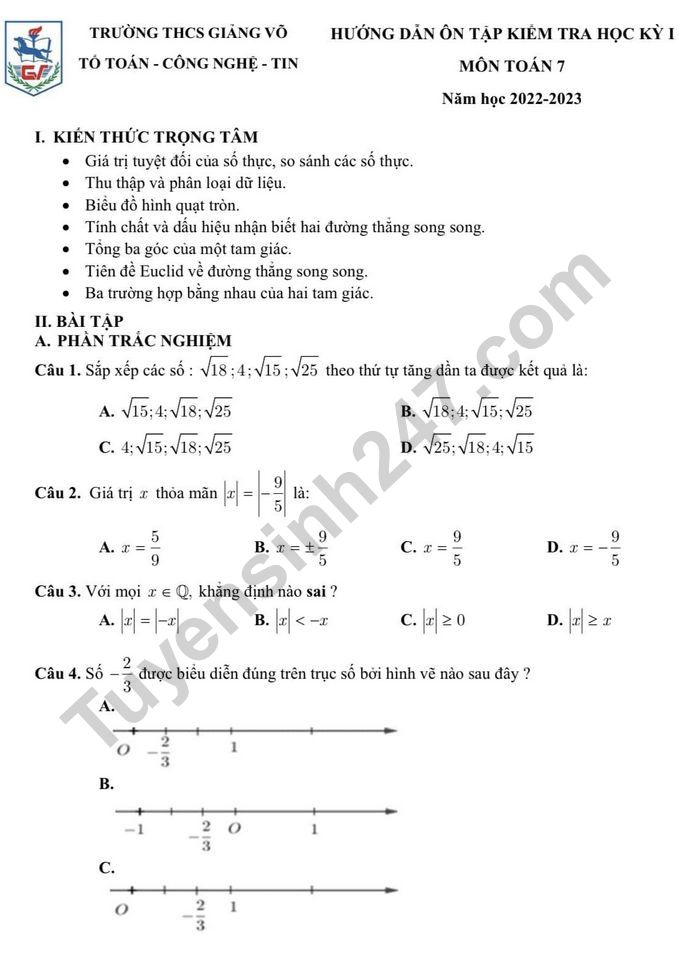 De cuong on tap ki 1 lop 7 mon Toan 2022 - THCS Giang Vo