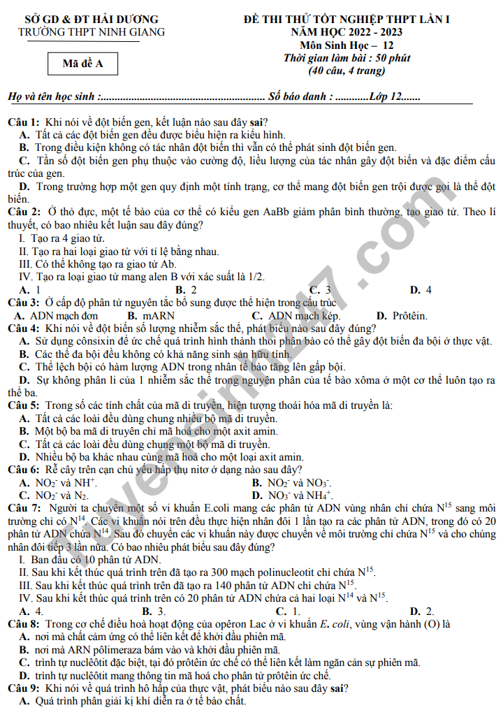 De thi thu mon Sinh tot nghiep THPT 2023 (Co dap an) lan 1 - THPT Ninh Giang