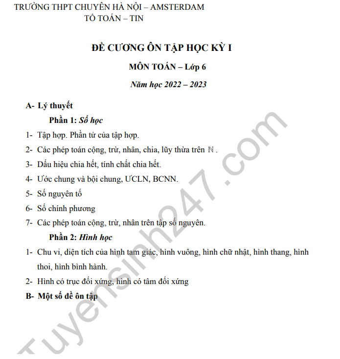 De cuong on tap ki 1 mon Toan lop 6 nam 2023 - THPT Chuyen Amsterdam