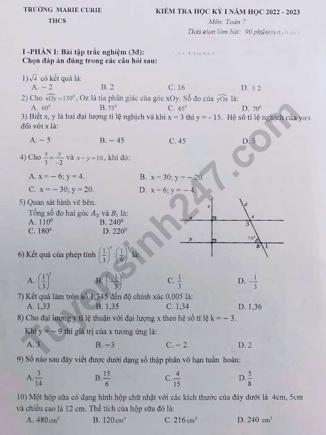 De thi ki 1 mon Toan lop 7 - THCS Marie Curie 2022