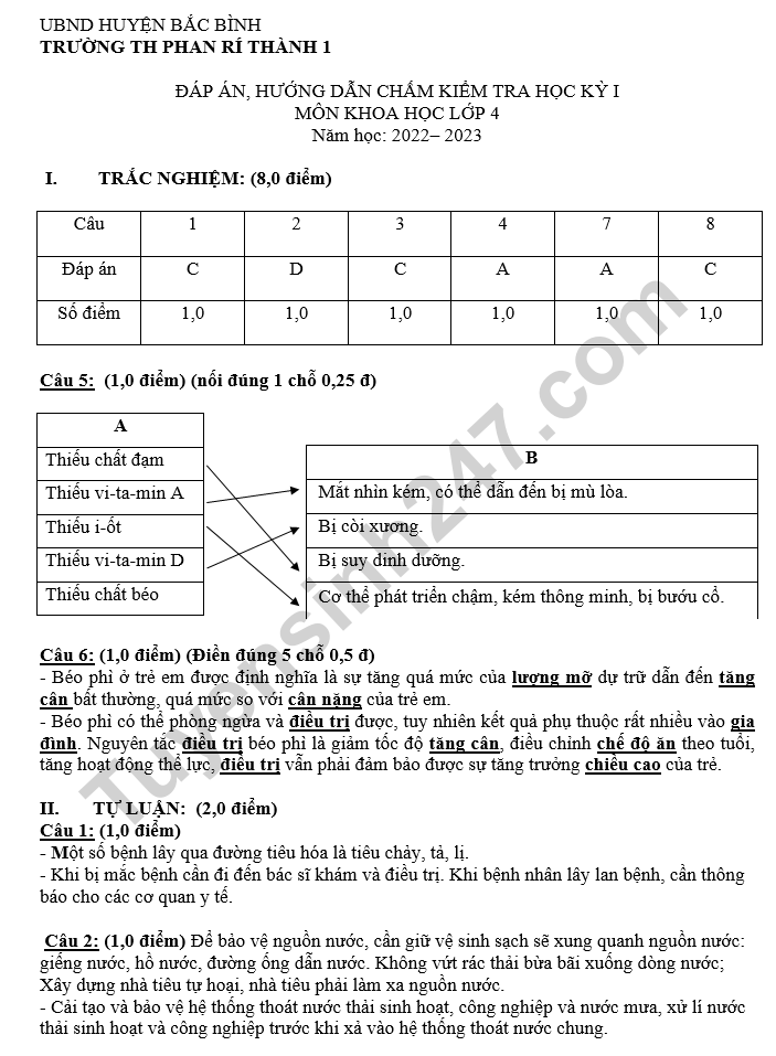 De thi ki 1 lop 4 mon Khoa hoc 2022 - TH Phan Ri Thanh