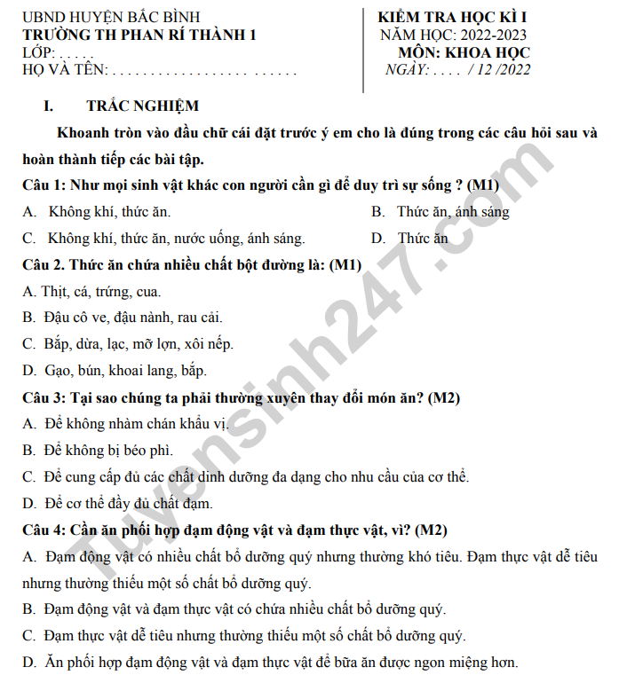 De thi ki 1 lop 4 mon Khoa hoc 2022 - TH Phan Ri Thanh