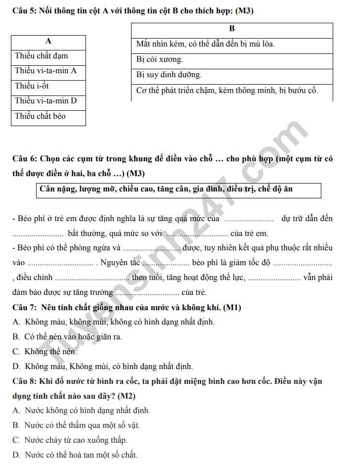De thi ki 1 lop 4 mon Khoa hoc 2022 - TH Phan Ri Thanh