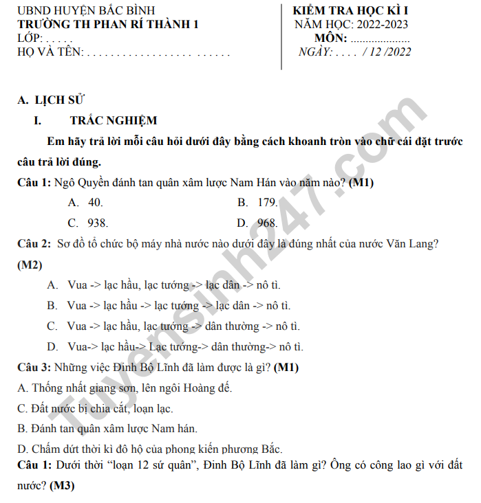 De thi ki 1 mon Su Dia lop 4 - TH Phan Ri Thanh 2022