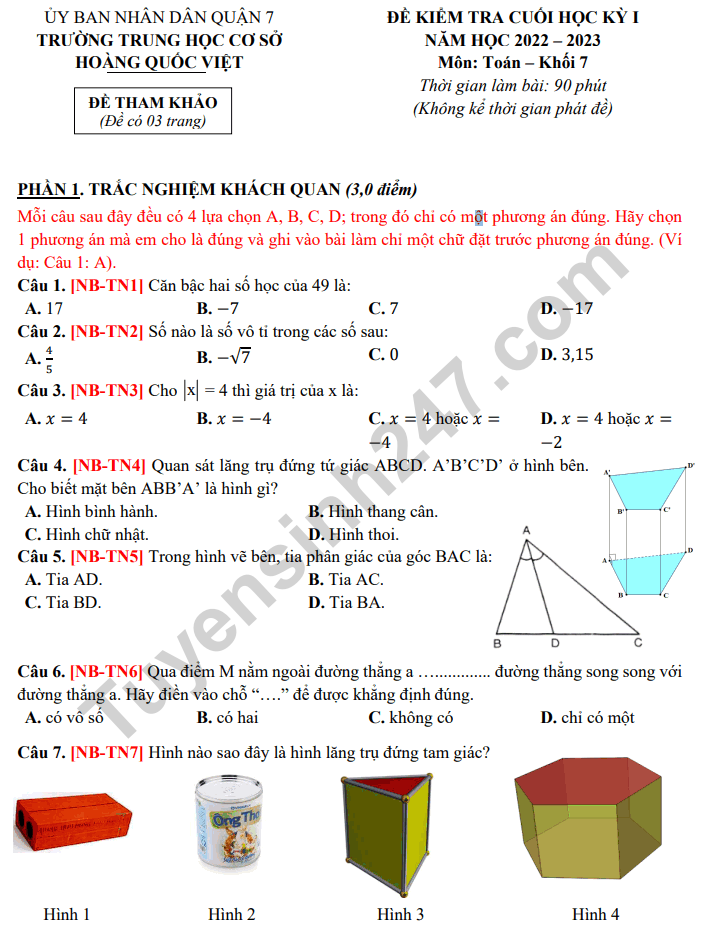 De thi HK 1 mon Toan lop 7 nam 2022 - THCS Hoang Quoc Viet (Tham khao)