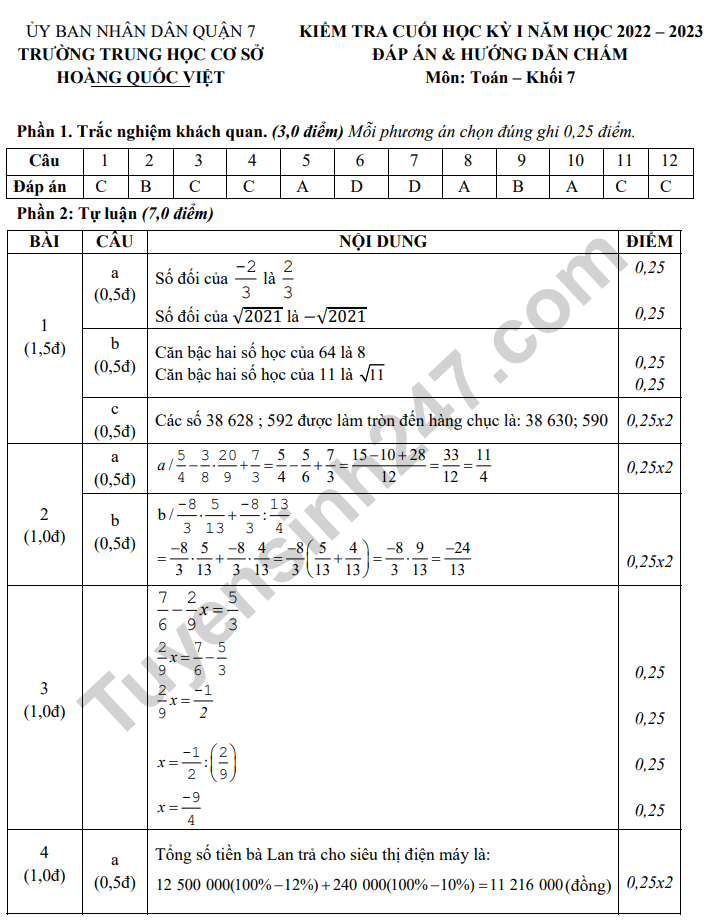 De thi HK 1 mon Toan lop 7 nam 2022 - THCS Hoang Quoc Viet (Tham khao)