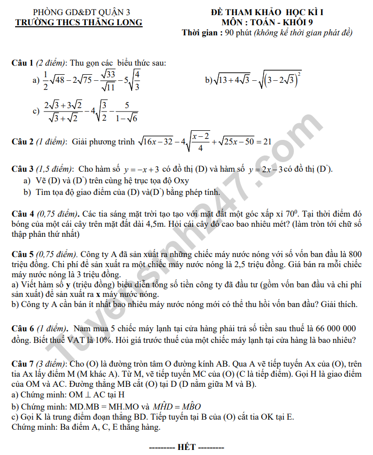 De thi ki 1 lop 9 mon Toan nam 2022 - THCS Thang Long (Tham khao)