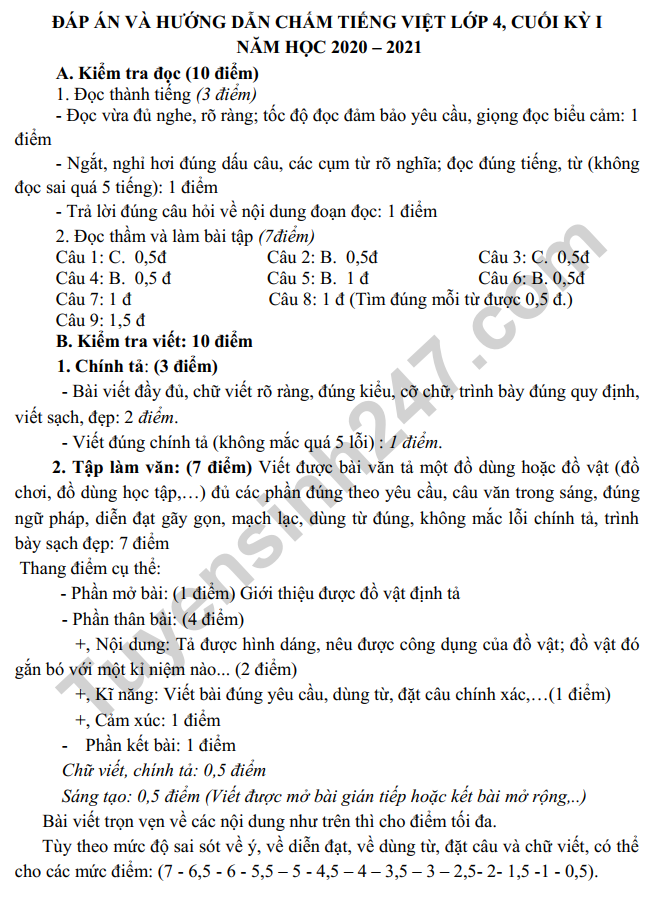 De thi cuoi ki 1 mon Tieng Viet lop 4 (Co dap an) - TH My Loc