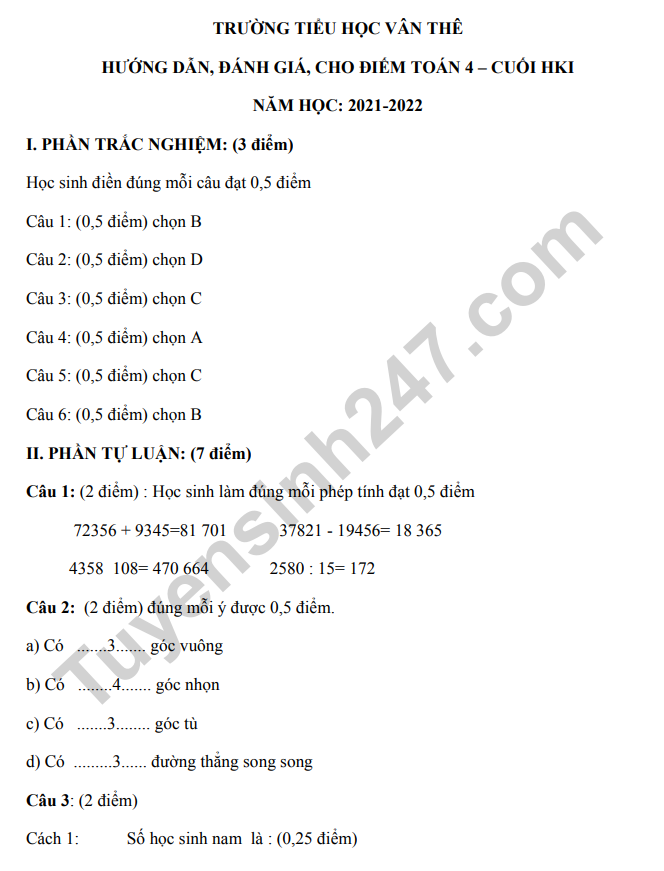 De thi ki 1 lop 4 mon Toan - Co dap an nam 2022 TH Van The