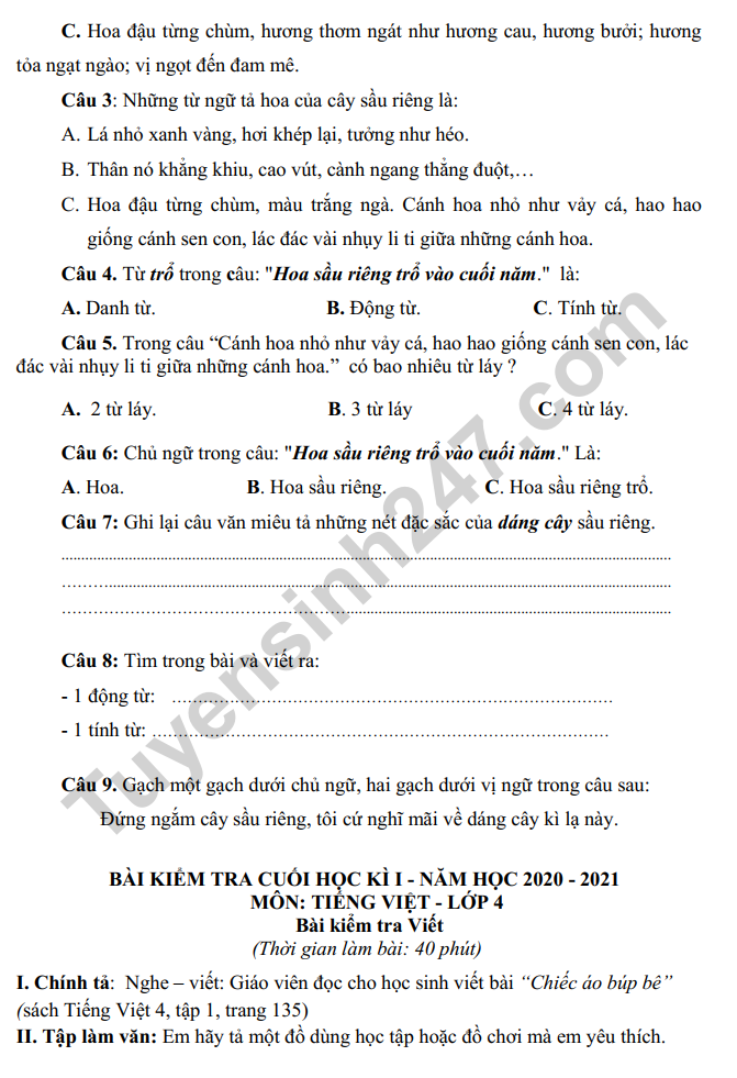De thi cuoi ki 1 mon Tieng Viet lop 4 (Co dap an) - TH My Loc