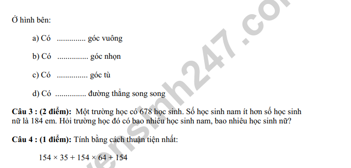 De thi ki 1 lop 4 mon Toan - Co dap an nam 2022 TH Van The