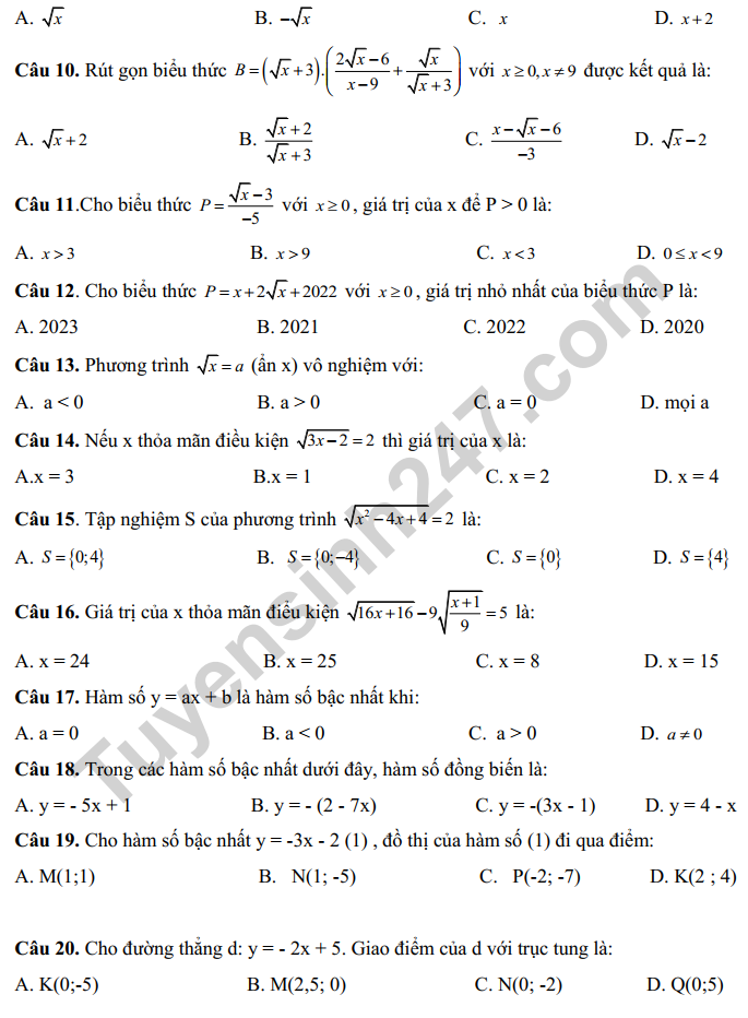 De thi HK 1 mon Toan lop 9 (Co dap an) 2022 - THCS Gia Thuy