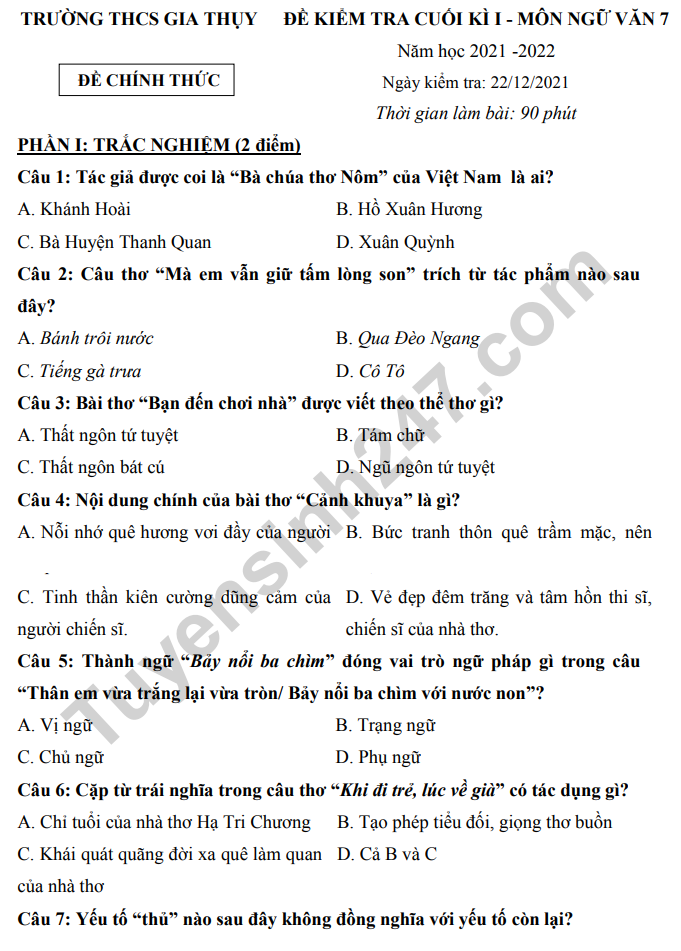 De thi ki 1 mon Van lop 7 nam 2022 - THCS Gia Thuy