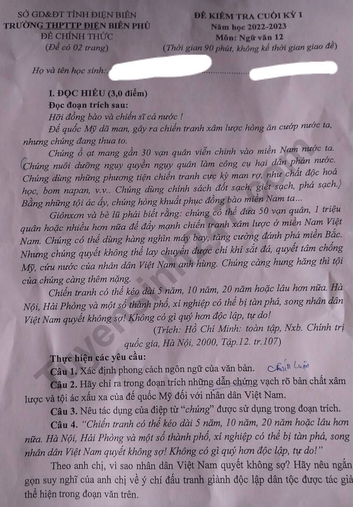 De thi ki 1 lop 12 mon Van nam 2022 - THPT Dien Bien Phu