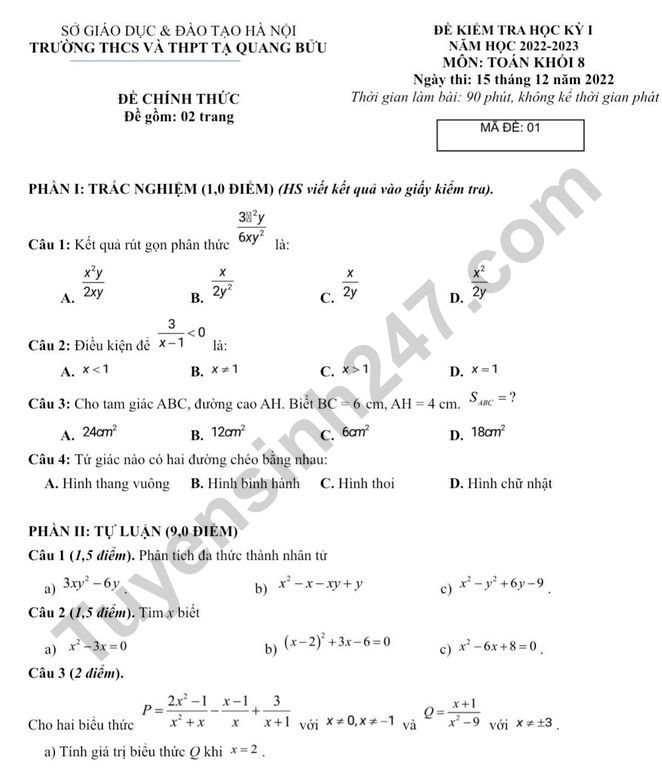 De thi cuoi ki 1 lop 8 mon Toan - THCS THPT Ta Quang Buu 2022