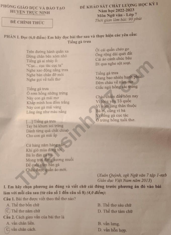 De thi ki 1 lop 7 mon Van 2022 - Phong GD Truc Ninh
