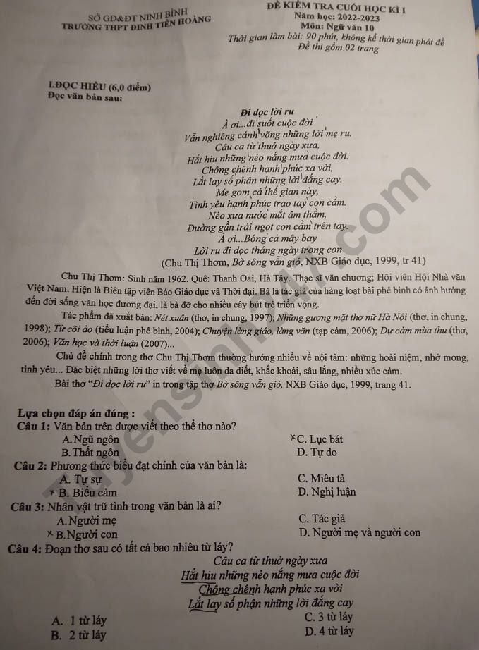De thi ki 1 lop 10 mon Van 2022 - THPT Dinh Tien Hoang