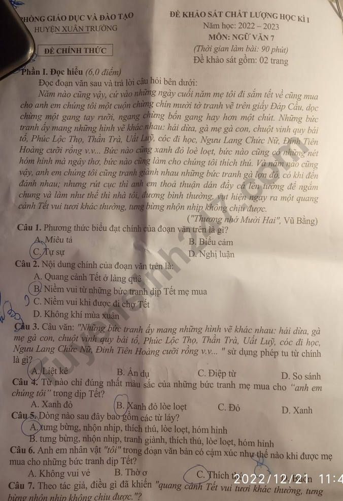 De thi ki 1 lop 7 mon Van 2022 - Phong GD Xuan Truong