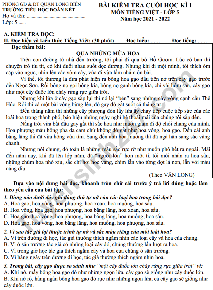 De thi ki 1 mon Tieng Viet lop 5 nam 2022 (Co dap an) - TH Doan Ket