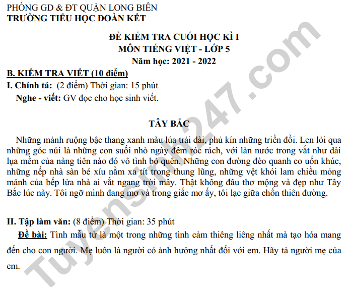 De thi ki 1 mon Tieng Viet lop 5 nam 2022 (Co dap an) - TH Doan Ket