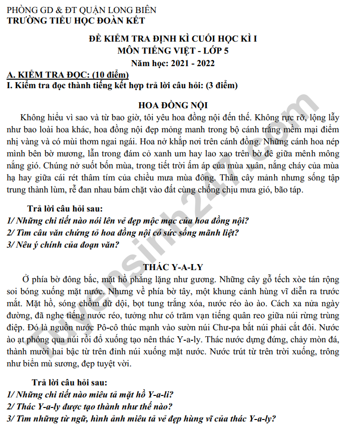 De thi ki 1 mon Tieng Viet lop 5 nam 2022 (Co dap an) - TH Doan Ket