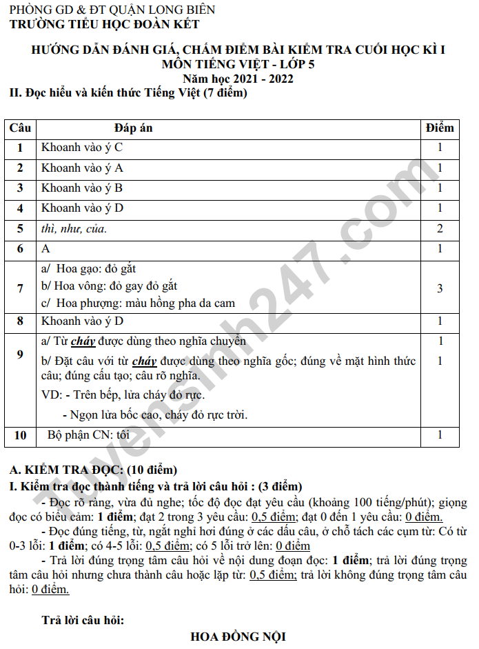 De thi ki 1 mon Tieng Viet lop 5 nam 2022 (Co dap an) - TH Doan Ket