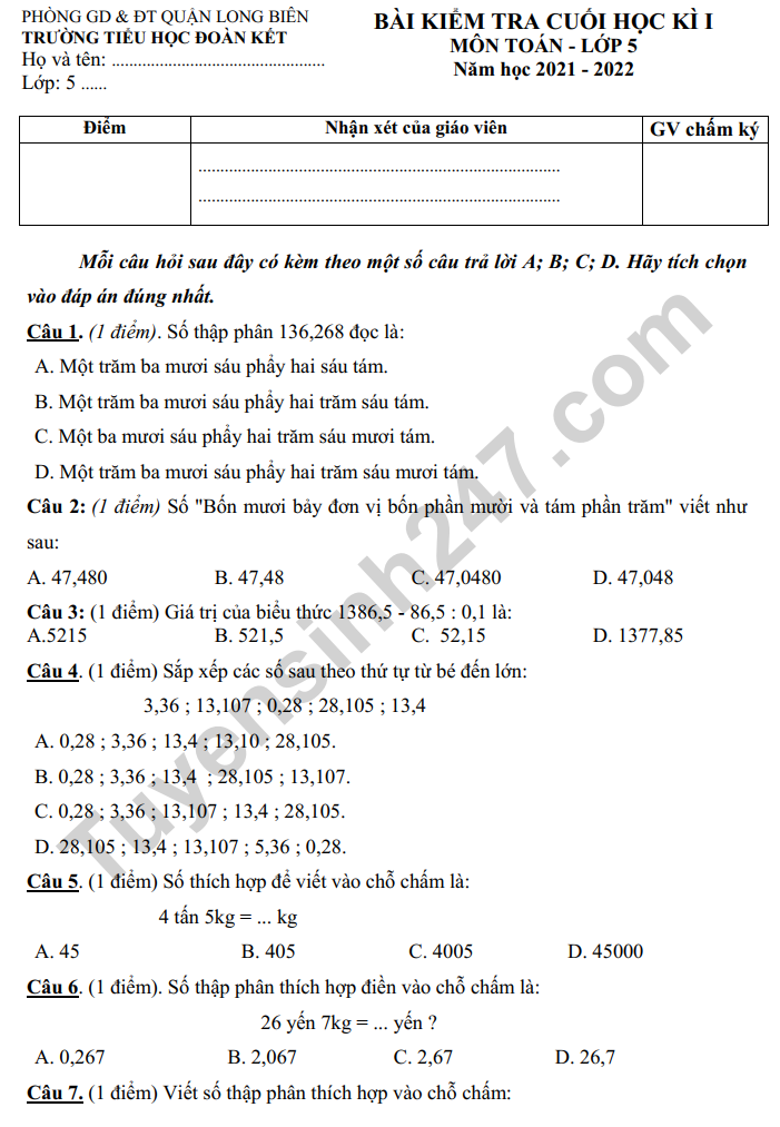 De thi ki 1 lop 5 mon Toan 2022 - TH Doan Ket (Co dap an)