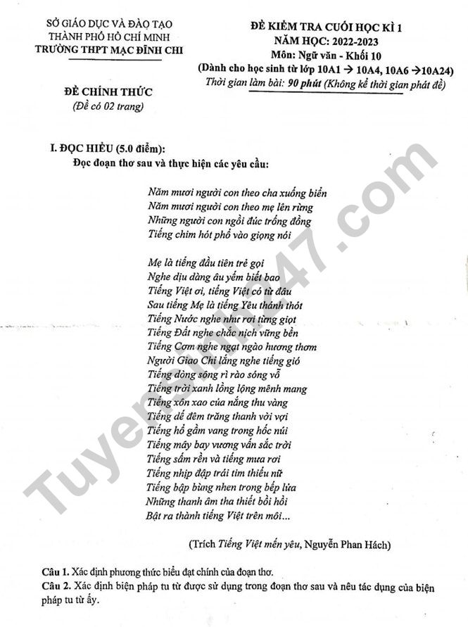 De thi hoc ki 1 lop 10 mon Van 2022 - THPT Mac Dinh Chi