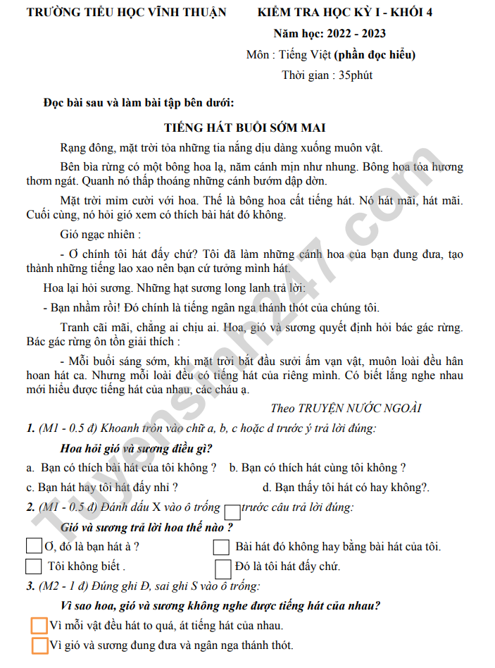 De thi cuoi ki 1 lop 4 mon Tieng Viet 2022 (Co dap an) - TH Vinh Thuan